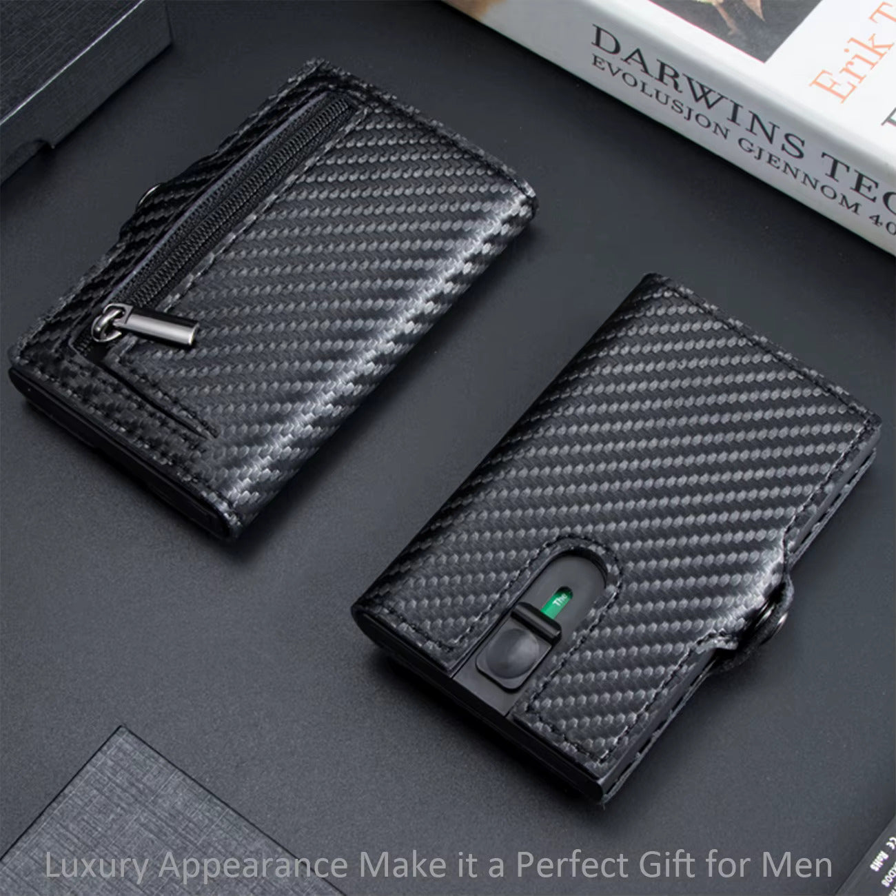 Men's Sleek Business Wallet - RFID Blocking, Carbon Fiber Pattern with Aluminum Alloy & Faux Leather, Ultra-Thin Credit Card Holder with Pop-Up Slot - Black
